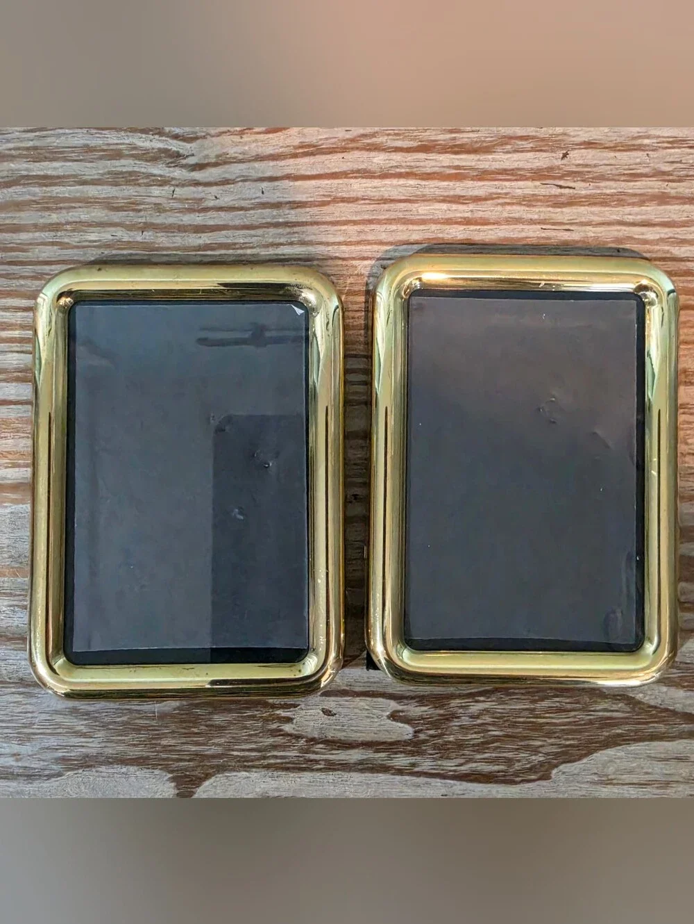 Vintage MCM Polished Brass Picture Frames Pair 3.5x5 Rounded Corner Easel / Hang